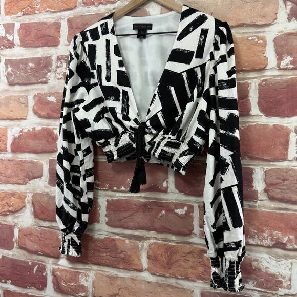 House of Harlow 1960 Crop Top Women's L Linen Blend Artsy Abstract Shirt - Picture 3 of 9